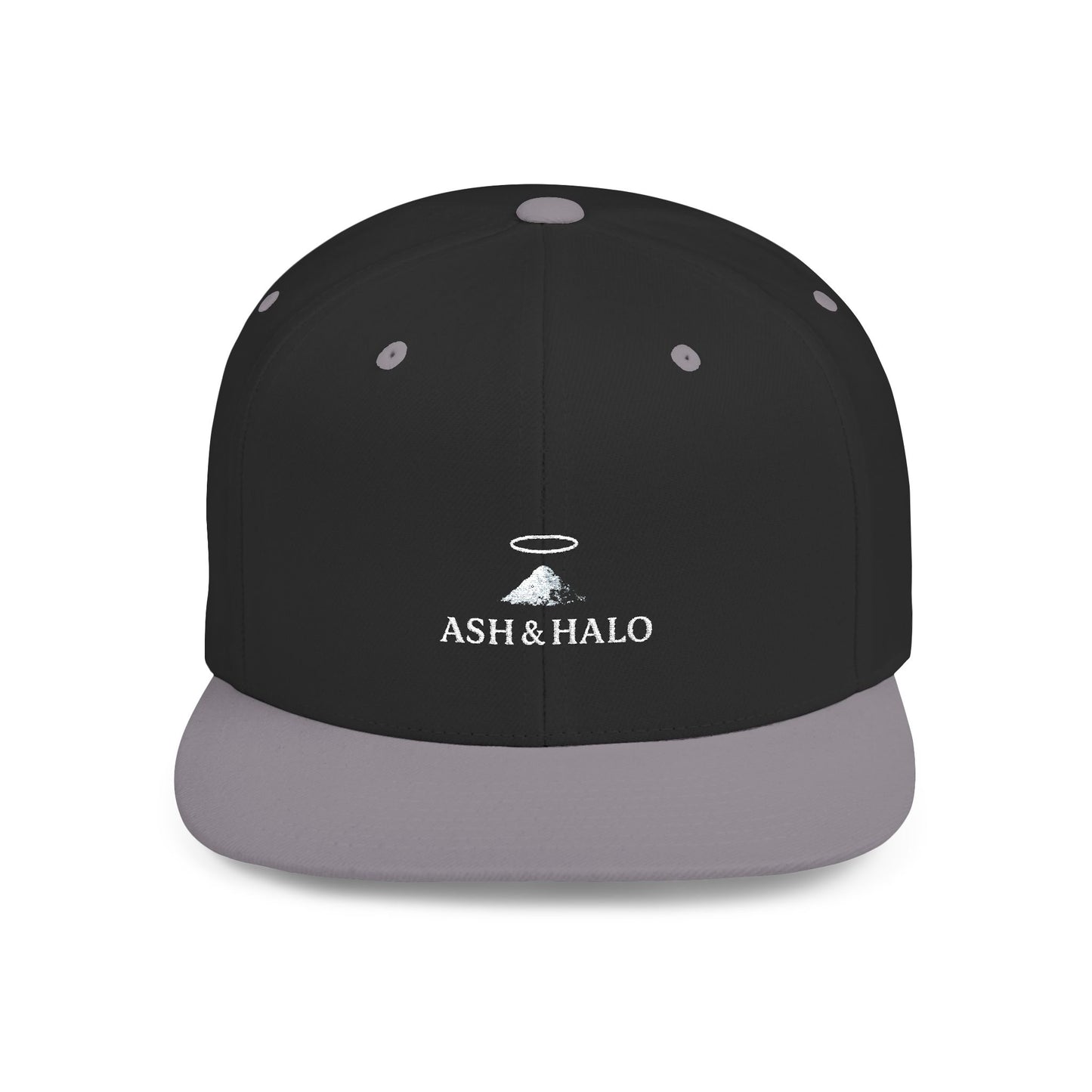 Snapback Hat — Ash & Halo Logo Flat Bill Cap