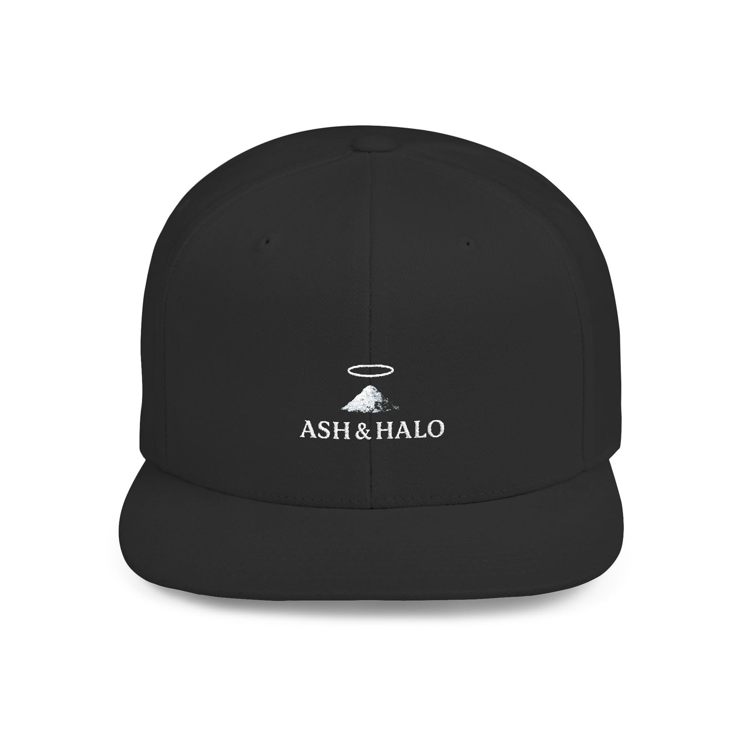 Snapback Hat — Ash & Halo Logo Flat Bill Cap