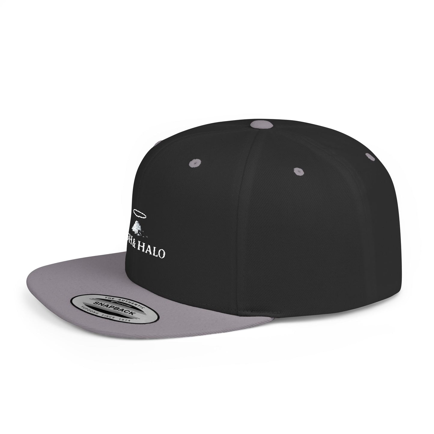 Snapback Hat — Ash & Halo Logo Flat Bill Cap